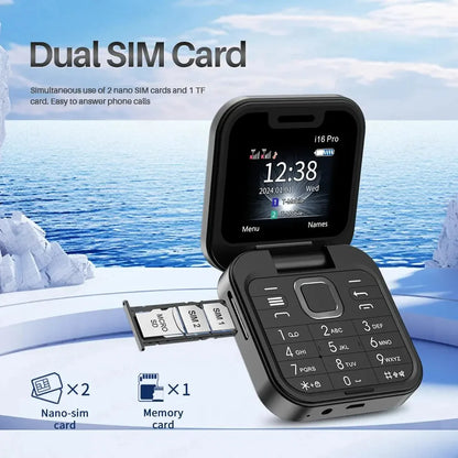 i16 PRO - Mini Celular Plegable, Cámara HD, Mensajes, Internet, Radio FM, Dual SIM, Linterna, Plegable
